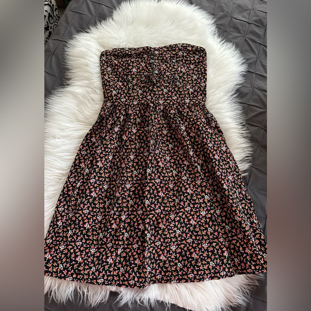 Floral Black Strapless Dress